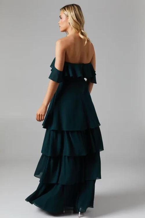 Elegant Off Shoulder Slim Tie At The Waist Tight Waist Solid Color Tiered Skirt