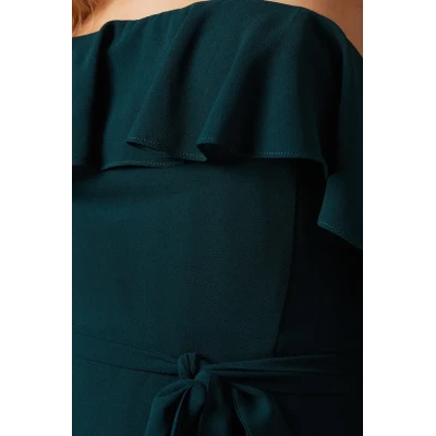 Elegant Off Shoulder Slim Tie At The Waist Tight Waist Solid Color Tiered Skirt