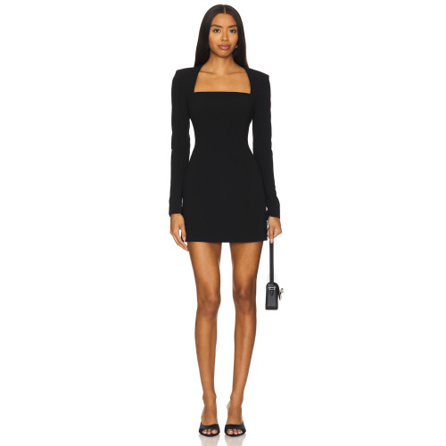 Cool Slim Fitting Square Neck Little Black Crepe Fabric Padded Shoulders Dress