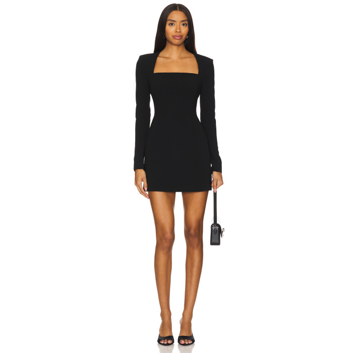 Cool Slim Fitting Square Neck Little Black Crepe Fabric Padded Shoulders Dress