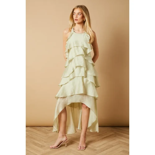 Elegant Halter-Neckline Sleeveless Cut Out  High-Low Hemline  Solid Color Dress