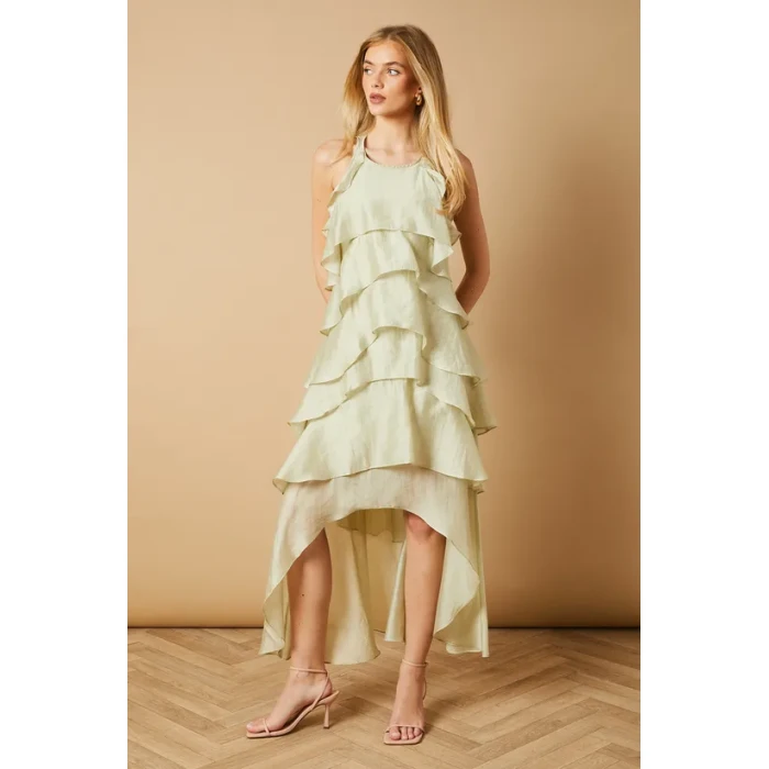 Elegant Halter-Neckline Sleeveless Cut Out High-Low Hemline Solid Color Dress