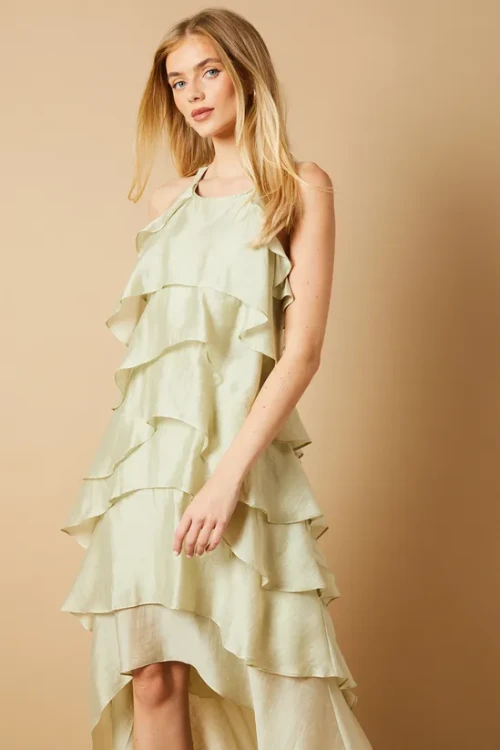 Elegant Halter-Neckline Sleeveless Cut Out  High-Low Hemline  Solid Color Dress