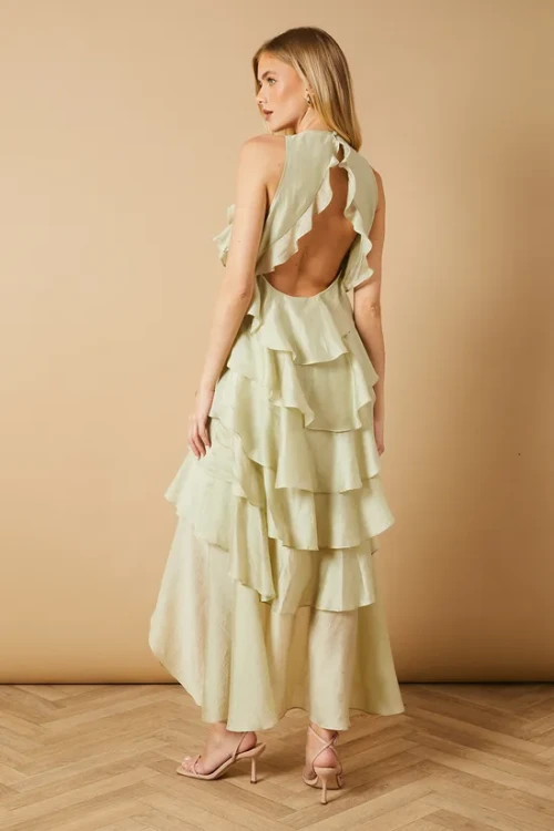 Elegant Halter-Neckline Sleeveless Cut Out  High-Low Hemline  Solid Color Dress