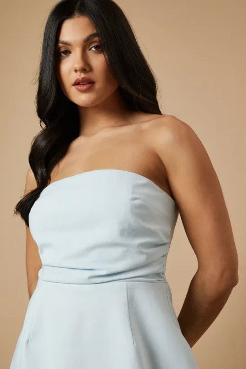 Elegant Sexy Sleeveless Backless Bandeau Neckline Ruffle Tight Waist Solid Colo Formal Dress