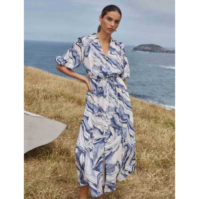 Custom Elegant V-Neckline Short Puff Sleeve Tie Waist Button-Through Front Casual Dress