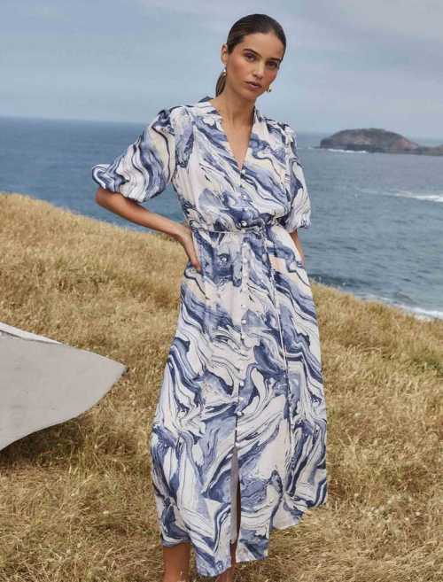 Custom Elegant V-Neckline Short Puff Sleeve Tie Waist Button-Through Front Casual Dress