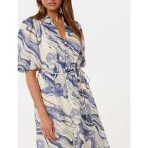 Custom Elegant V-Neckline Short Puff Sleeve Tie Waist Button-Through Front Casual Dress