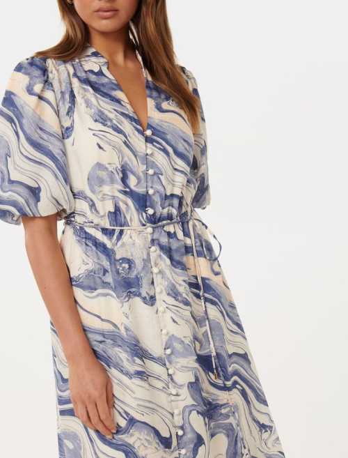 Custom Elegant V-Neckline Short Puff Sleeve Tie Waist Button-Through Front Casual Dress
