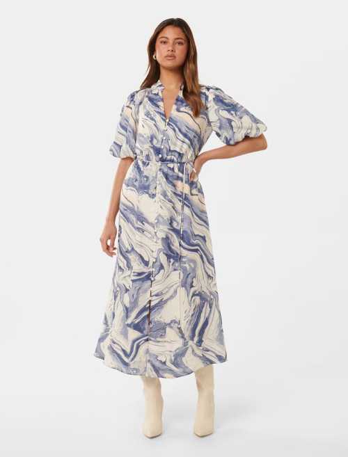 Custom Elegant V-Neckline Short Puff Sleeve Tie Waist Button-Through Front Casual Dress