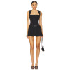 Cool Stylish Unique Square Necked Belted Pleated Midweight Suit Fabric Black Dress