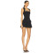Cool Stylish Unique Square Necked Belted Pleated Midweight Suit Fabric Black Dress