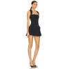 Cool Stylish Unique Square Necked Belted Pleated Midweight Suit Fabric Black Dress