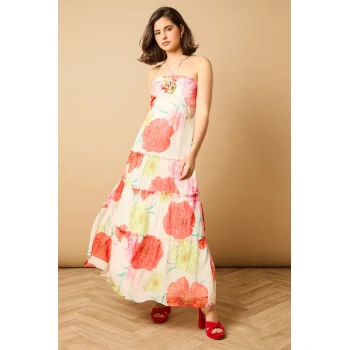 Sweat Elegant Halter-Neckline Sleeveless High Ruffle Tight Waist Floral Print Dress