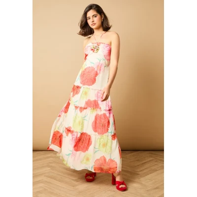 Sweat Elegant Halter-Neckline Sleeveless High Ruffle Tight Waist Floral Print Dress