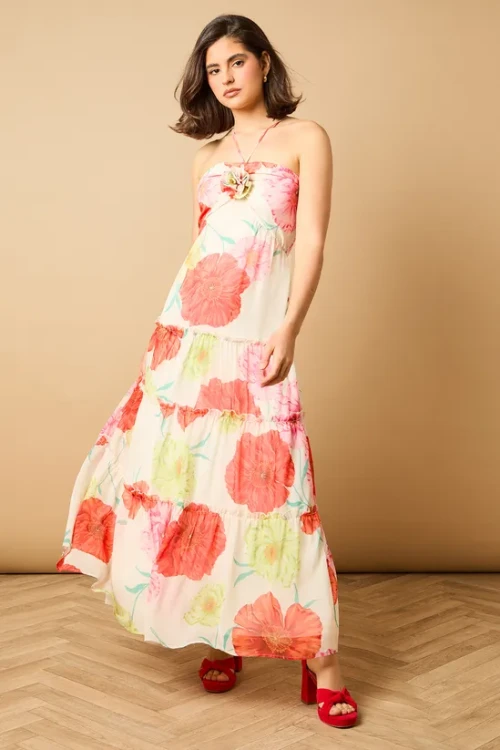Sweat Elegant Halter-Neckline Sleeveless High Ruffle Tight Waist Floral Print Dress
