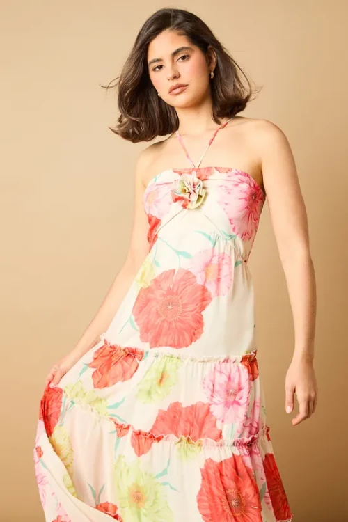 Sweat Elegant Halter-Neckline Sleeveless High Ruffle Tight Waist Floral Print Dress