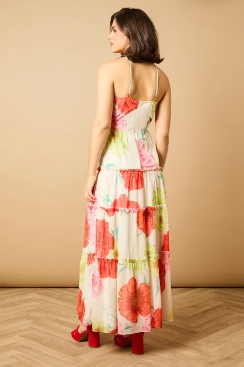 Sweat Elegant Halter-Neckline Sleeveless High Ruffle Tight Waist Floral Print Dress