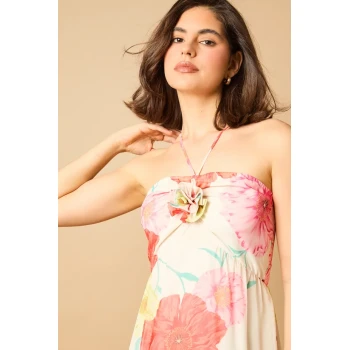 Sweat Elegant Halter-Neckline Sleeveless High Ruffle Tight Waist Floral Print Dress