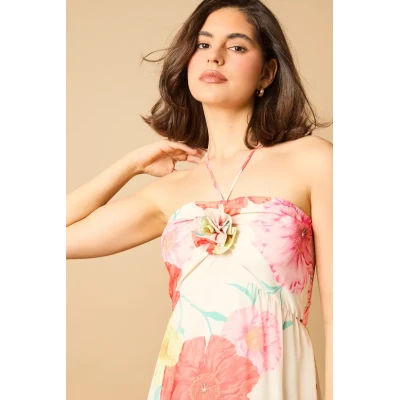 Sweat Elegant Halter-Neckline Sleeveless High Ruffle Tight Waist Floral Print Dress