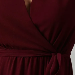 Mature Elegant V-Neckline Puff Sleeve Ruffle Tight Tie Waist  Solid Color Tiered Dress