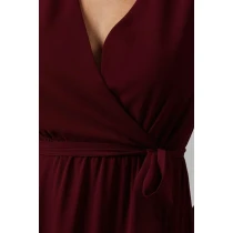 Mature Elegant V-Neckline Puff Sleeve Ruffle Tight Tie Waist  Solid Color Tiered Dress