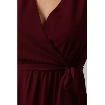 Mature Elegant V-Neckline Puff Sleeve Ruffle Tight Tie Waist  Solid Color Tiered Dress