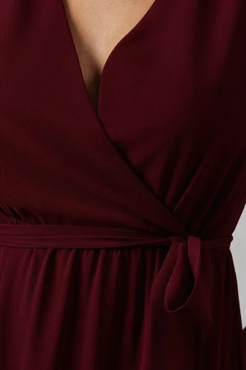 Mature Elegant V-Neckline Puff Sleeve Ruffle Tight Tie Waist  Solid Color Tiered Dress