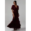 Mature Elegant V-Neckline Puff Sleeve Ruffle Tight Tie Waist  Solid Color Tiered Dress
