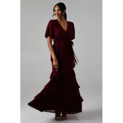 Mature Elegant V-Neckline Puff Sleeve Ruffle Tight Tie Waist  Solid Color Tiered Dress