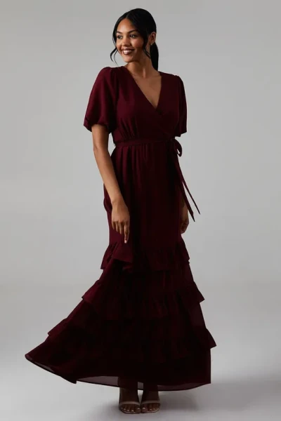 Mature Elegant V-Neckline Puff Sleeve Ruffle Tight Tie Waist  Solid Color Tiered Dress