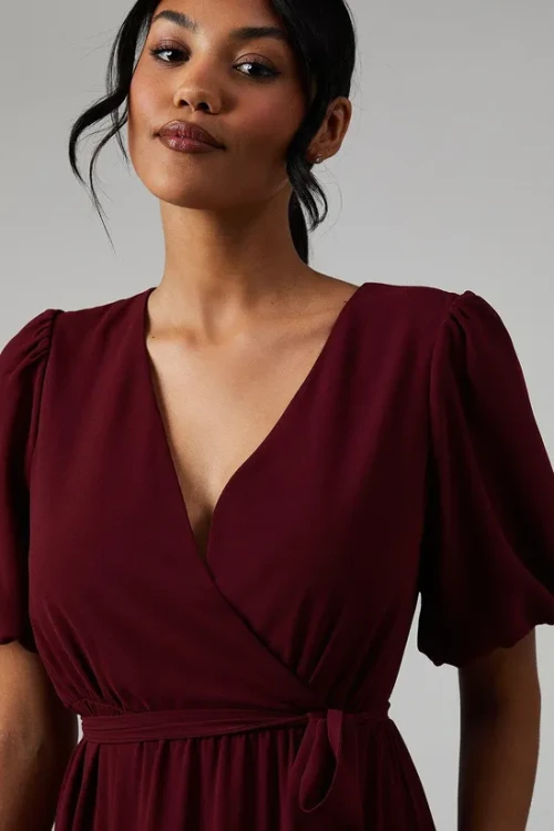 Mature Elegant V-Neckline Puff Sleeve Ruffle Tight Tie Waist  Solid Color Tiered Dress