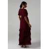 Mature Elegant V-Neckline Puff Sleeve Ruffle Tight Tie Waist  Solid Color Tiered Dress