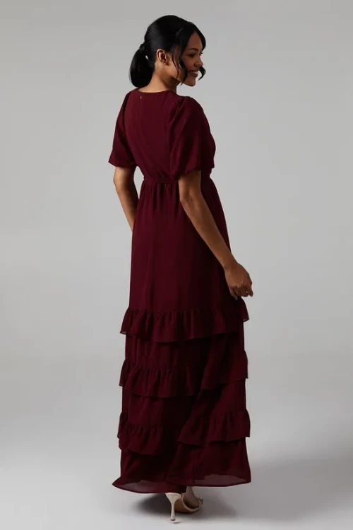 Mature Elegant V-Neckline Puff Sleeve Ruffle Tight Tie Waist  Solid Color Tiered Dress
