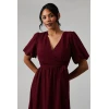 Mature Elegant V-Neckline Puff Sleeve Ruffle Tight Tie Waist  Solid Color Tiered Dress