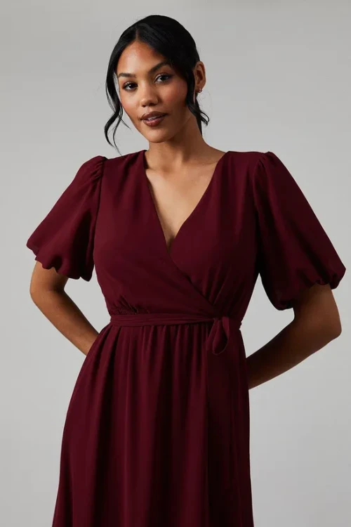 Mature Elegant V-Neckline Puff Sleeve Ruffle Tight Tie Waist  Solid Color Tiered Dress