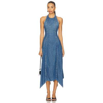 Casual Stylish Open back Denim Fabric Handkerchief Raw Hem Halter Neck Midi Dress