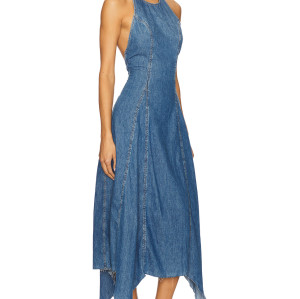 Casual Stylish Open back Denim Fabric Handkerchief Raw Hem Halter Neck Midi Dress