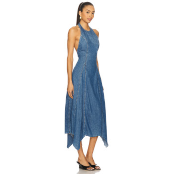 Casual Stylish Open back Denim Fabric Handkerchief Raw Hem Halter Neck Midi Dress