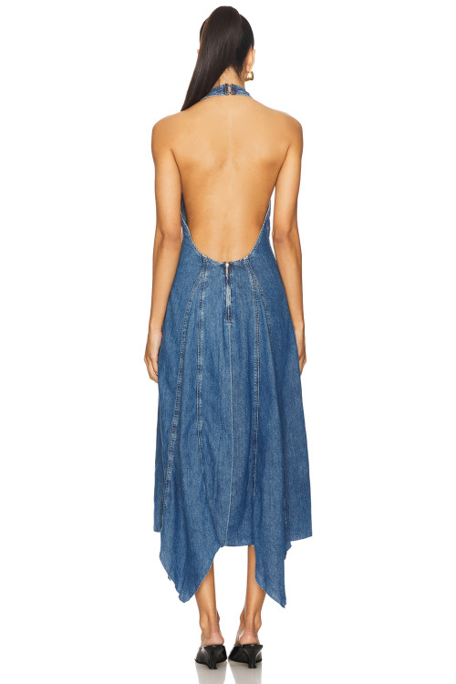 Casual Stylish Open back Denim Fabric Handkerchief Raw Hem Halter Neck Midi Dress