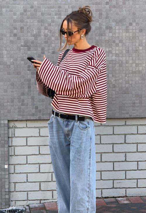 Oversized Elegant Casual Classical Round neckline Long Sleeve Stripe Woman's Blouses