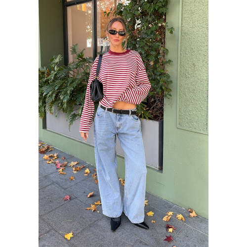 Oversized Elegant Casual Classical Round neckline Long Sleeve Stripe Woman's Blouses