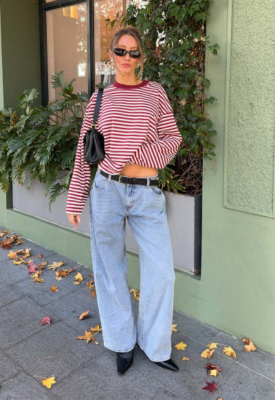 Oversized Elegant Casual Classical Round neckline Long Sleeve Stripe Woman's Blouses
