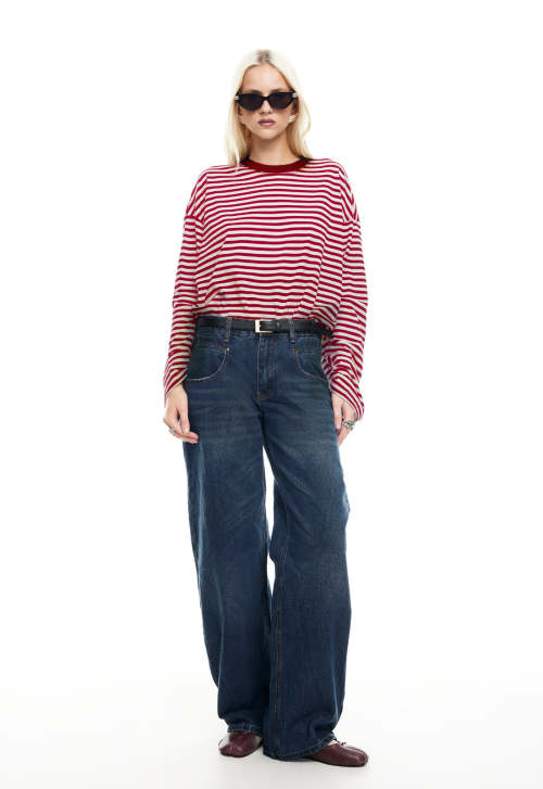 Oversized Elegant Casual Classical Round neckline Long Sleeve Stripe Woman's Blouses