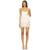 Sweet Ruffled Trim Midweight Lace Fabric Scalloped Eyelash Hem Spaghetti Strap Ruched Mesh Bust Mini Dress