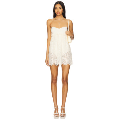 Sweet Ruffled Trim Midweight Lace Fabric Scalloped Eyelash Hem Spaghetti Strap Ruched Mesh Bust Mini Dress