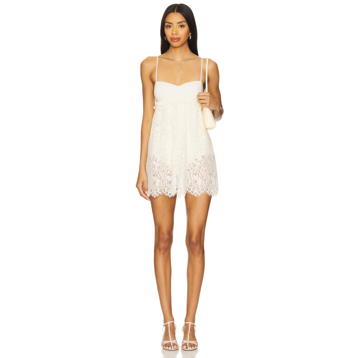 Sweet Ruffled Trim Midweight Lace Fabric Scalloped Eyelash Hem Spaghetti Strap Ruched Mesh Bust Mini Dress