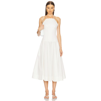 Elegant White Halter Neck Backless Scalloped Neckline Design Midi Dress