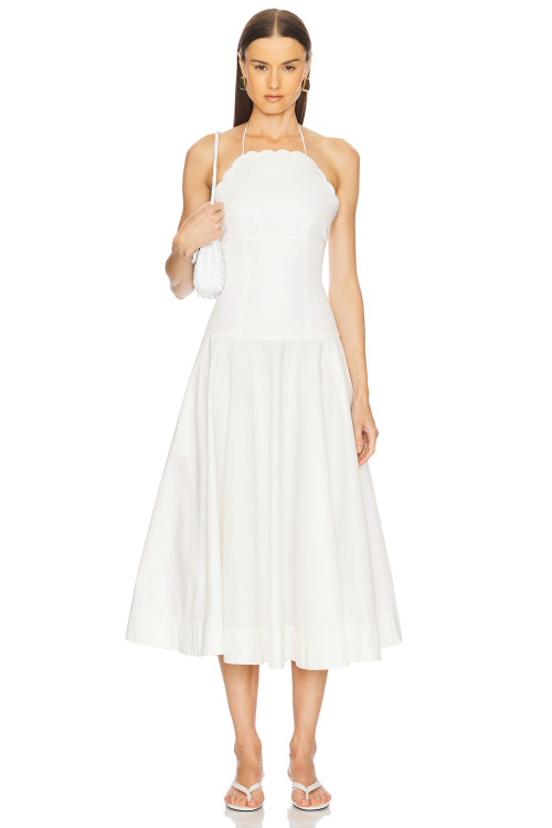 Elegant White Halter Neck Backless Scalloped Neckline Design Midi Dress