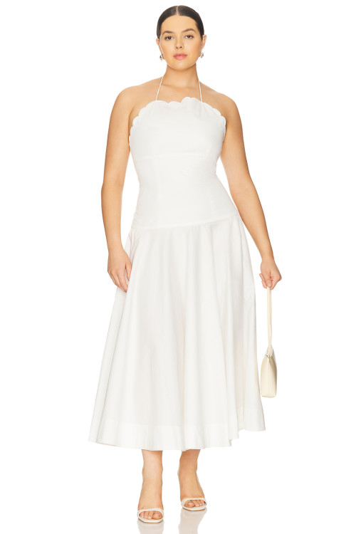 Elegant White Halter Neck Backless Scalloped Neckline Design Midi Dress